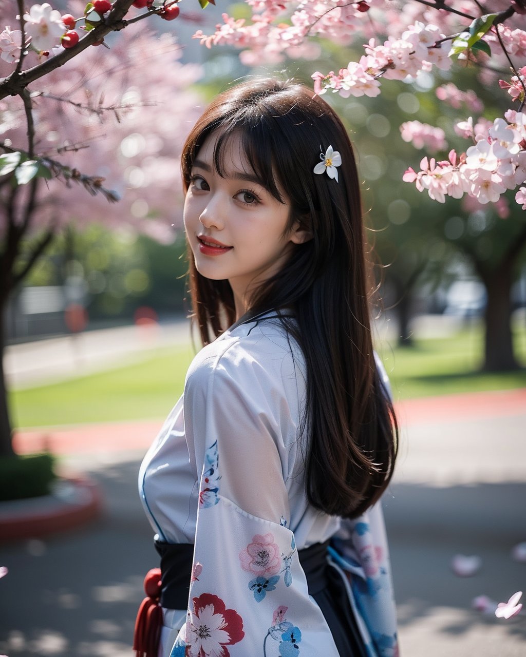 A serene Japanese maiden stands alone against a blurry backdrop of blooming cherry blossom trees. She gazes directly at the viewer with a gentle smile, her parted bangs framing her heart-shaped face. Her black hair cascades down her back, adorned with intricate hair ornaments and hair rings. Red eyes sparkle beneath luscious eyelashes, and her lips curve upward in a subtle grin. A floral print kimono drapes across her upper body, its vibrant colors muted by the soft focus of the background. Delicate earrings and a tassel dangle from her ears as she wears a bow-adorned hairstyle. The camera's shallow depth of field blurs everything except for our subject, emphasizing her captivating presence.