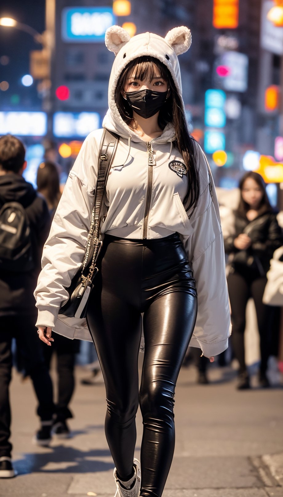 1girll, helmet, Hood, Solo, Spacesuit, Extra-long_Hair, bangs, Jacket, The upper part of the body_Body, White_Hair, bag, Blurry, Coat, Grey_Eyes, Mask, Blurry_Background, Backpack, zippers, Mouth_Mask, Covered_Mouth, Urban tech clothing, Outfit,lowerbody,Fair long legs,Unequal cyber leggings,with light glowing,zipperechanical booties、