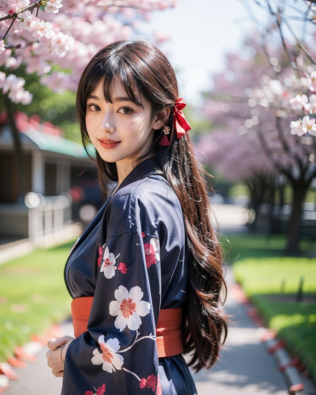 A serene Japanese maiden stands alone against a blurry backdrop of blooming cherry blossom trees. She gazes directly at the viewer with a gentle smile, her parted bangs framing her heart-shaped face. Her black hair cascades down her back, adorned with intricate hair ornaments and hair rings. Red eyes sparkle beneath luscious eyelashes, and her lips curve upward in a subtle grin. A floral print kimono drapes across her upper body, its vibrant colors muted by the soft focus of the background. Delicate earrings and a tassel dangle from her ears as she wears a bow-adorned hairstyle. The camera's shallow depth of field blurs everything except for our subject, emphasizing her captivating presence.