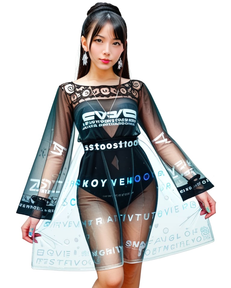 transparent color PVC clothing, transparent color vinyl clothing, prismatic, holographic, chromatic aberration, fashion illustration, masterpiece, girl with harajuku fashion, looking at viewer, 8k, ultra detailed, pixiv