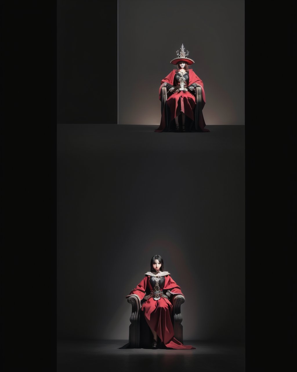 A majestic woman, draped in dark gray and crimson regalia, sits imperiously upon a throne. Her mechanized precision is palpable as she surveys her domain with calculated poise. Framed by the Super Panavision 70 format, her stern visage fills the frame, the darkness of her attire punctuated only by the subtle glow of crimson accents. The camera's wide-angle lens captures every detail of this regal tableau, immersing the viewer in a world of mechanized grandeur.