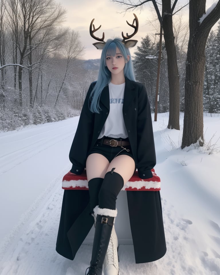 1girl, boots, solo, long_hair, antlers, sitting, white_footwear, blue_hair, belt, blue_eyes, bangs, glowing, cross-laced_footwear, long_sleeves, looking_away, thigh_strap, night, closed_mouth, horns, full_body, outdoors, deer, jacket, snow, tree, lips