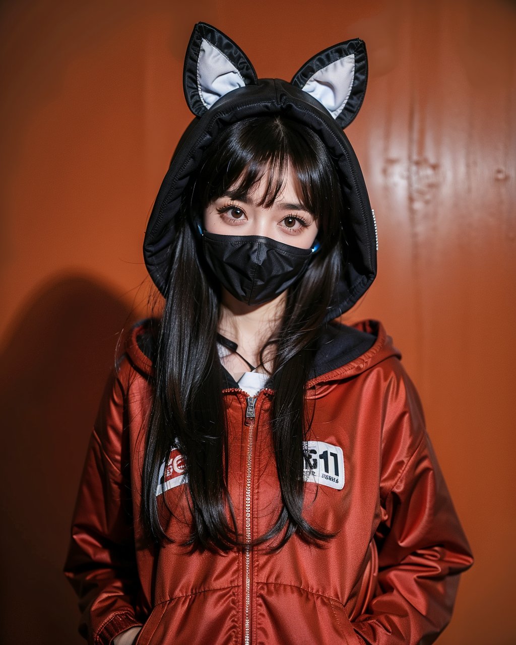 1girl, solo, long hair, looking at viewer, bangs, shirt, black hair, red eyes, long sleeves, animal ears, jacket, upper body, open clothes, hood, open jacket, black jacket, mask, headphones, wolf ears, red shirt, clothes writing, hooded jacket, red background, hood up, zipper, mouth mask, drawstring, covered mouth, headphones around neck, red theme, ears through headwear, respirator