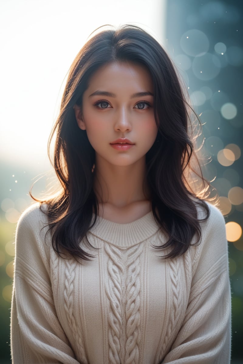 score_9,score_8_up,score_7_up,masterpiece, 1girl, 20 years old, 8k, hd, beautiful girl, black hair,pale skin, beautiful face, beautiful woman, sweater, looking at viewer,fading backlit background,amazing depth,double exposure,intricately detailed,bokeh,