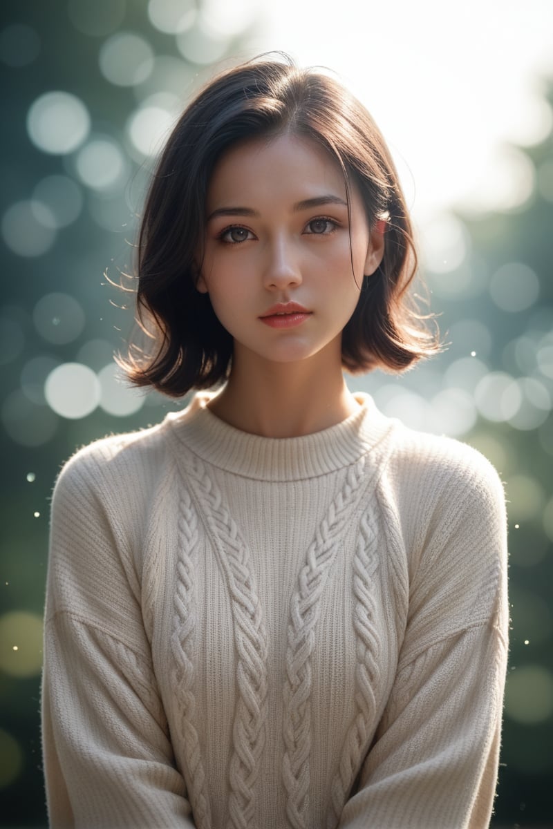 score_9,score_8_up,score_7_up,masterpiece, 1girl, 20 years old, 8k, hd, beautiful girl, black hair,pale skin, beautiful face, beautiful woman, sweater, looking at viewer,fading backlit background,amazing depth,double exposure,intricately detailed,bokeh,