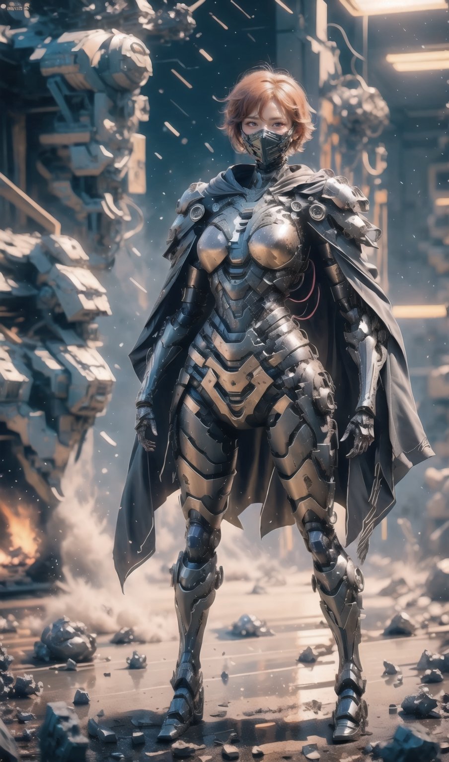 Advance heavy armored girl, grey hood and cape, background dark space battlefield, heavy rain, red short hair, blue glowing beautiful eyes, (full body shot), blue glowing lined simple armor plate, dark environment, high detailed face, Advance mask, intense war,4rmorbre4k,Mecha body,cyber_armor