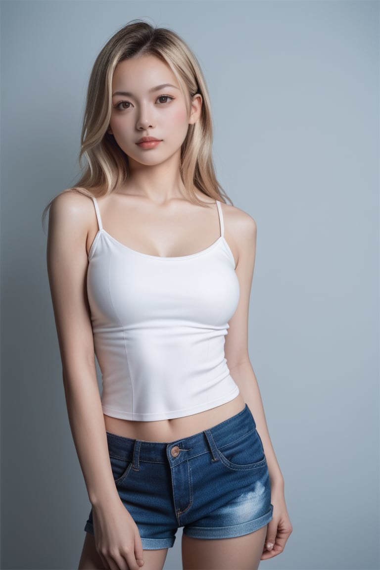 Score_9, Score_8_up, Score_7_up, reality, realistic, photorealistic, 2K, 
1girl,solo, brown eyes, blonde hair, multicolored hair, long hair, medium breasts, white **** top, bare shoulders, collarbone, sleeveless, blue denim shorts, standing,