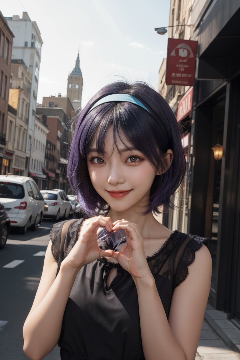 score_9, score_8_up, score_7_up, 1girl,25 years old, short hair, red hair, see trough dress, city background, portrait, heart hands, black hairband,medium hair,sidelocks,purple eyes,blue hair,hair between eyes,hair ornament,bangs, calm smile, 