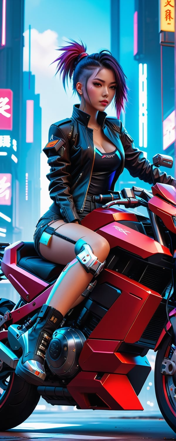 Masterpiece, Best quality, Photorealistic, Ultra-detailed, finedetail, high resolution, 8K wallpaper,  anime girl sitting on a red motorcycle in a city, sitting on cyberpunk motorbike, cyberpunk 2077 rossdraws, wojtek fus, ross tran style, ross tran 8 k, cyberpunk anime art, anime cyberpunk art, trending on cgstation, cyberpunk art style, digital cyberpunk anime art, artwork in the style of guweiz, in the style of ross tran