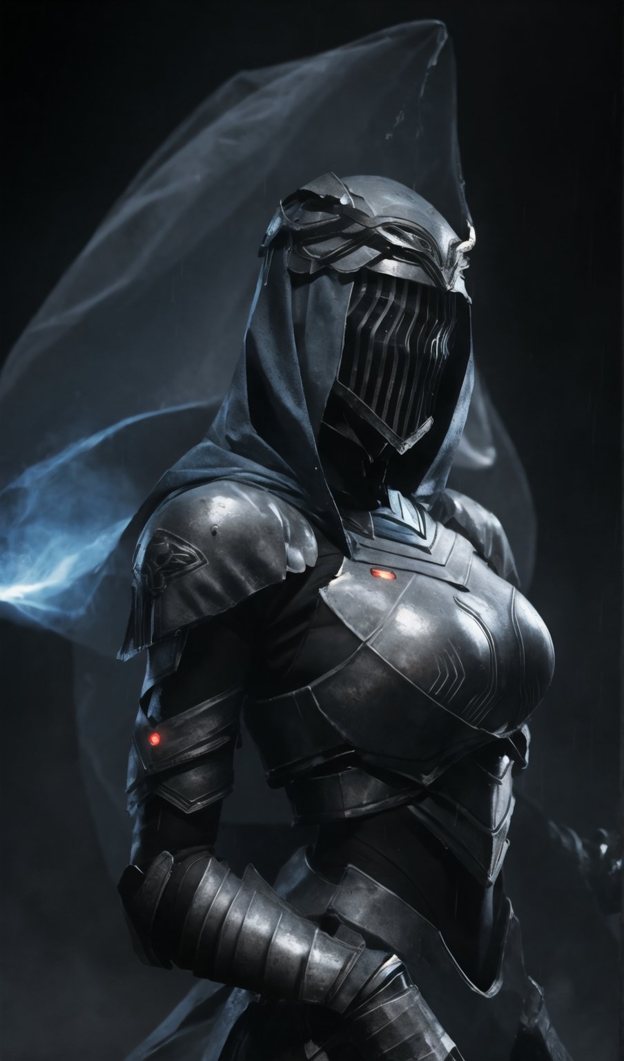 Advance futuristic armored girl, grey hood and cape, background dark space battlefield, heavy rain, light silver short hair, blue glowing beautiful eyes, blue glowing lined simple armor plate, dark environment, high detailed face, Advance mask, intense war, wealding Chinese futuristic sword, random camera angle,Dancer_of_the_Boreal_Valley