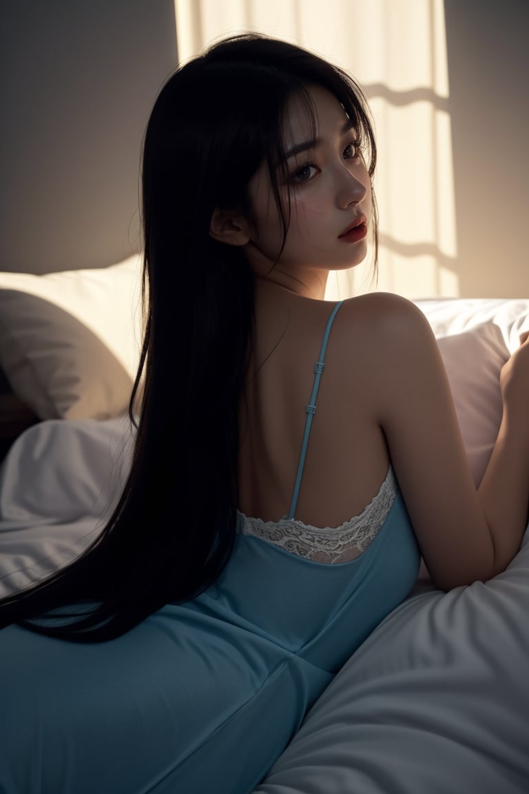 young Japanese-woman, long-dark-hair, lying-on-side, bed, facing-camera, look back, gray-slip-dress, lace-trim, soft-direct-gaze, quiet-intimacy, low-warm-lighting, deep-shadows, moody-atmosphere, minimalistic-background, blurred-background, above-angled-perspective, bedding-texture, body-contours, calm-mood, intimate, melancholic, warmth-and-depth-of-shadows, soft-expression