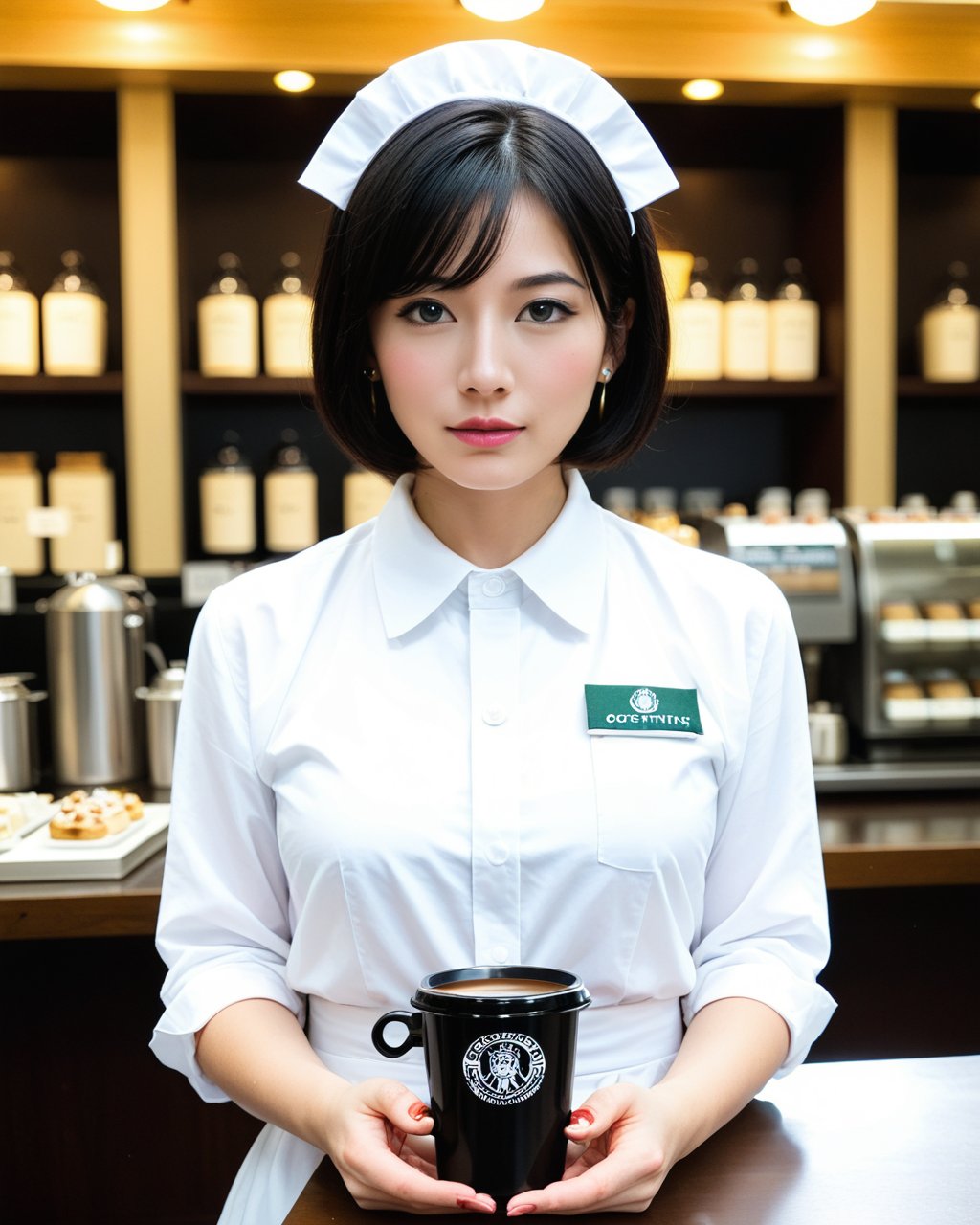 A professional photo of a Japanese idol with a breathtakingly glamorous ulzzang appearance. Her flawless porcelain skin enhances her delicate, anime-inspired features. short hair. (She is adorned with an exquisite maid outfit). Working as a waitress in a coffee shop, bring cakes and coffee to customer. The setting is carefully crafted to complement her enchantment, with soft, diffused lighting that accentuates her mesmerizing, glamorous presence.