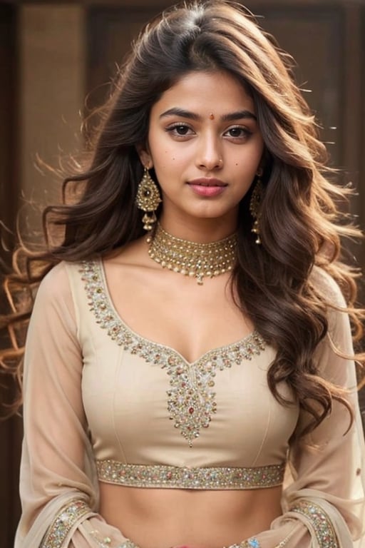 lovely cute young attractive indian girl, brown eyes, gorgeous actress, 23 years old, cute, an Instagram model, long blonde_hair, colorful hair, winter, Indian, wearing salwar-kameez and dupatta,Realistic