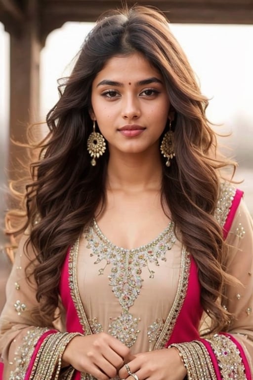 lovely cute young attractive indian girl, brown eyes, gorgeous actress, 23 years old, cute, an Instagram model, long blonde_hair, colorful hair, winter, Indian, wearing salwar-kameez and dupatta,Realistic