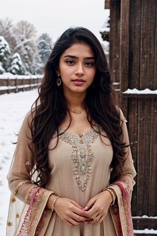 lovely cute young attractive indian girl, brown eyes, gorgeous actress, 23 years old, cute, an Instagram model, long blonde_hair, colorful hair, winter, Indian, wearing salwar-kameez and dupatta,Realistic