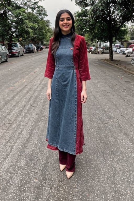 Girl going to market and wearing jeans and red velvet Kurti. She is smiling infront of camera.,Clothing