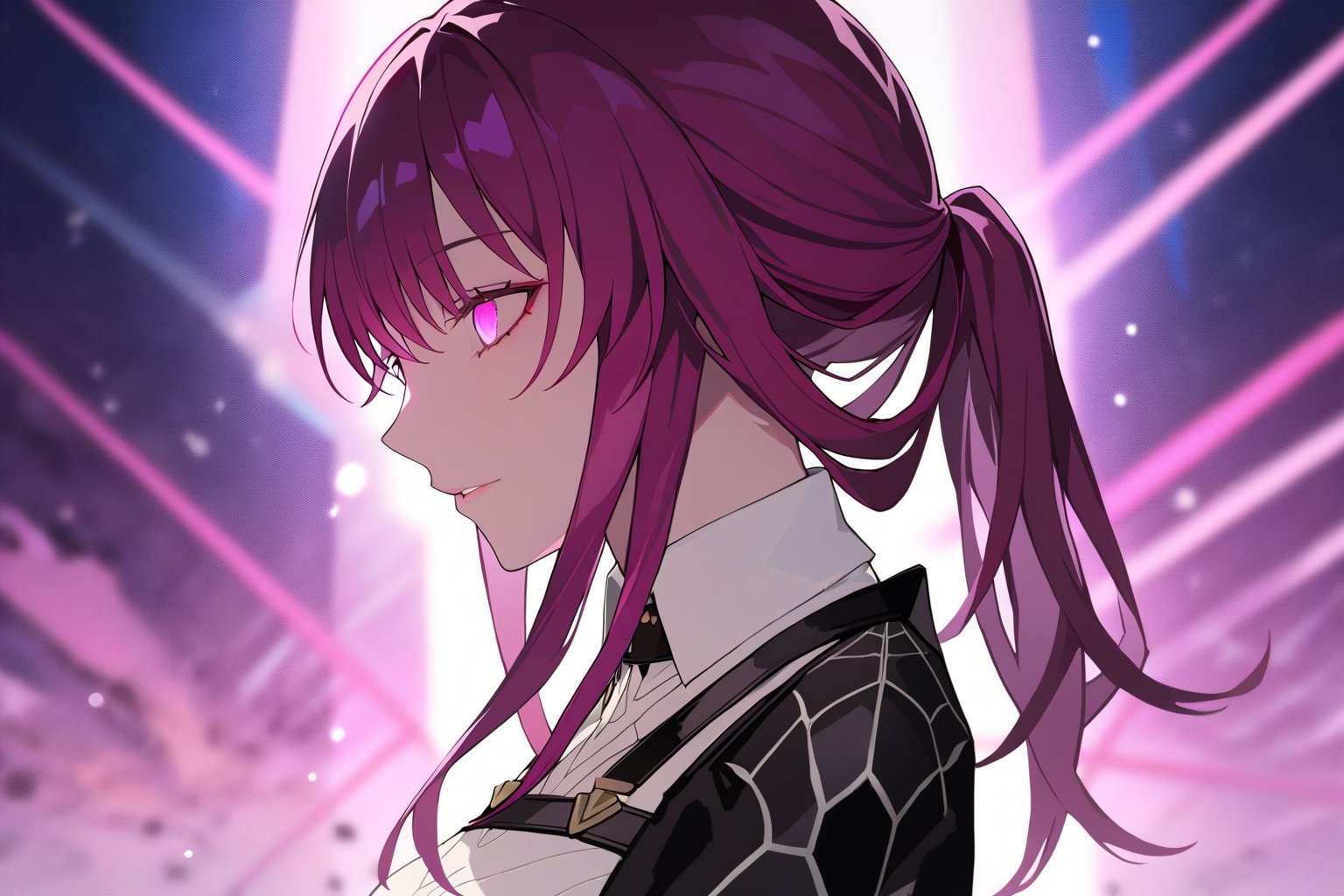 masterpiece, best quality,  1girl, kafka, honkai: star rail, purple hair, solo,  purple eyes, ponytail, profile, depth_of_field, glowing