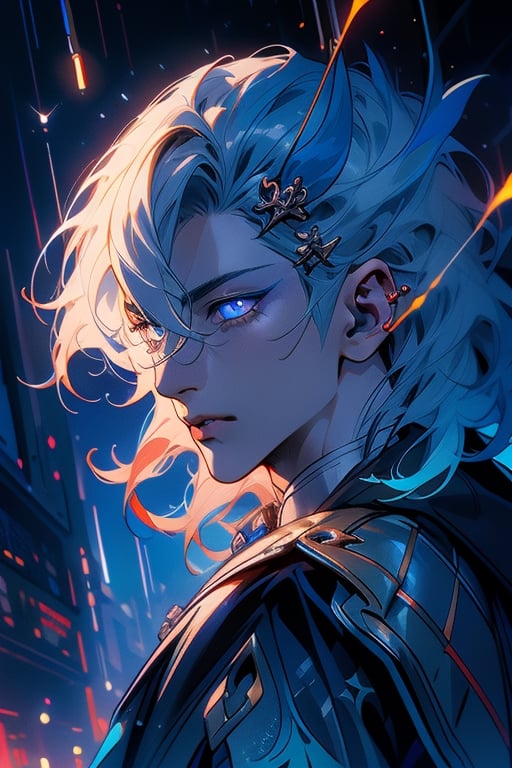 full_body_portrait,illustration,nodf_lora,1boy, genshin Neuvillette, long white hair, piercing blue eyes, background_sky, firefliesfireflies,fcloseup
masterpiece, male focus,portrait,night sky,Circle,blacklight,neon