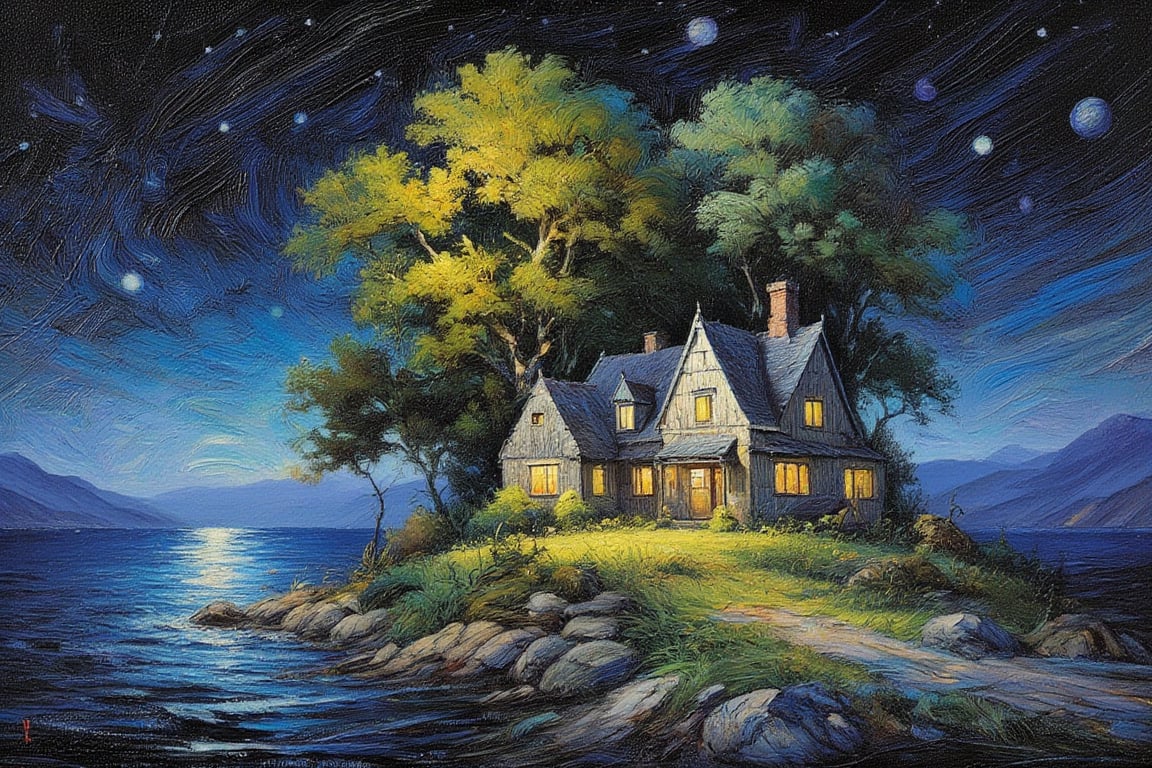 (impressionist painting:1.3), a cozy tudor cottage stands on a tiny island in the middle of the placid sea, there is a warm glow in the windows and an old tree envelopes the home, the dark sky above is dotted with thousands of stars, visible brushstrokes, masterpiece artwork, dynamic composition, beautiful lighting