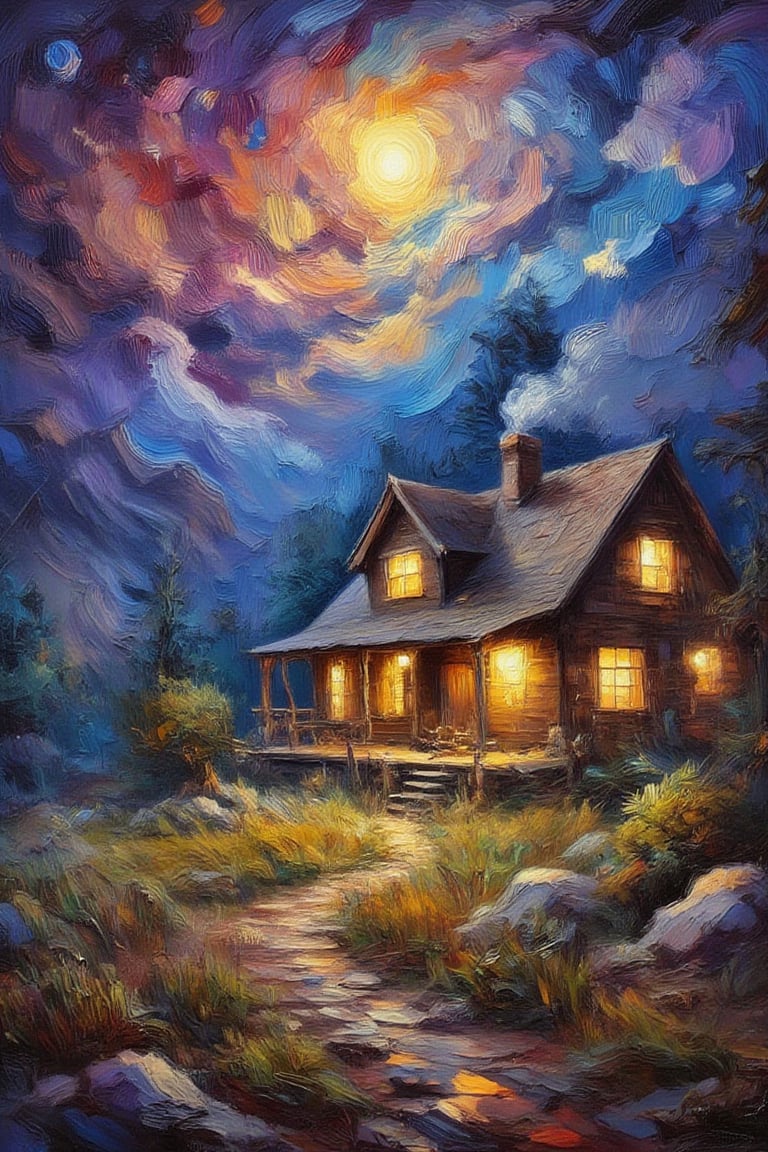 (impressionist painting:1.3), a cozy cottage sits surrounded by a desolate wilderness, there is a warm glow in the windows and whispy smoke rises from the chimney, a supernova blazes in the sky above, dark cosmic background, visible brushstrokes, masterpiece artwork, dynamic composition, beautiful lighting