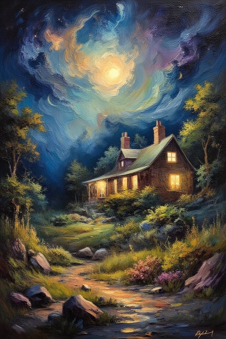 (impressionist painting:1.3), a cozy cottage sits surrounded by a desolate wilderness, there is a warm glow in the windows and whispy smoke rises from the chimney, a supernova blazes in the sky above, dark cosmic background, visible brushstrokes, masterpiece artwork, dynamic composition, beautiful lighting