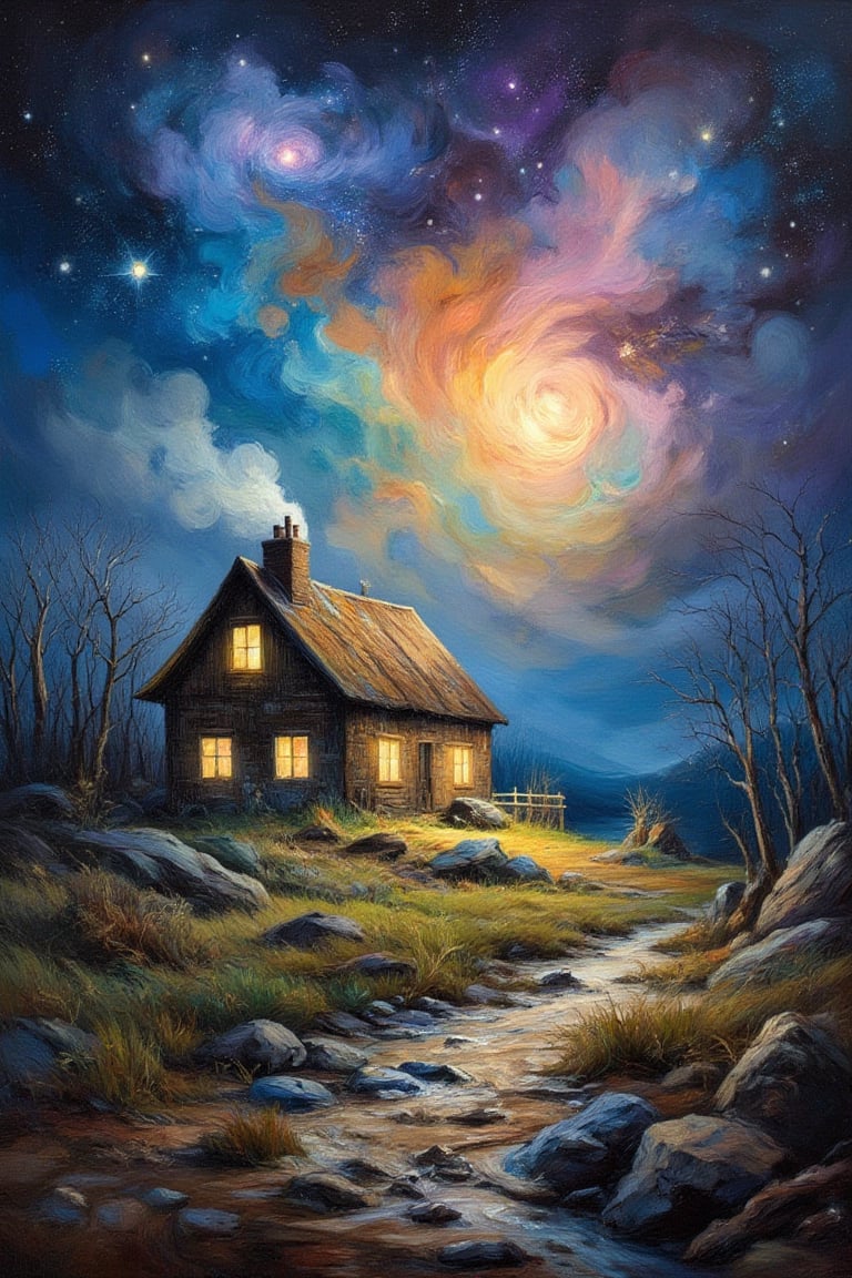 (impressionist painting:1.3), a cozy cottage sits surrounded by a desolate wilderness, there is a warm glow in the windows and whispy smoke rises from the chimney, a supernova blazes in the sky above, dark cosmic background, visible brushstrokes, masterpiece artwork, dynamic composition, beautiful lighting