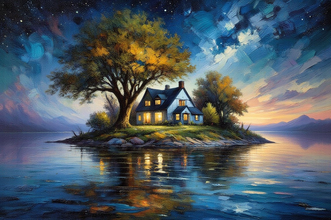 (impressionist painting:1.3), a cozy tudor cottage stands on a tiny island in the middle of the placid sea, there is a warm glow in the windows and an old tree envelopes the home, the dark sky above is dotted with thousands of stars, visible brushstrokes, masterpiece artwork, dynamic composition, beautiful lighting