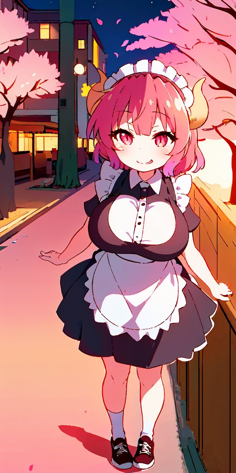 1girl, maid, maid headdress, maid apron, cherry blossoms,beatiful night,night light,neckline,wallpaper,massive breast,massive thighs,sparkling eyes,short maid dress,ilulu,dragon horns,showing off dress,tight breast,make up,red painted lips,maid socks,sneakers,litte smile,