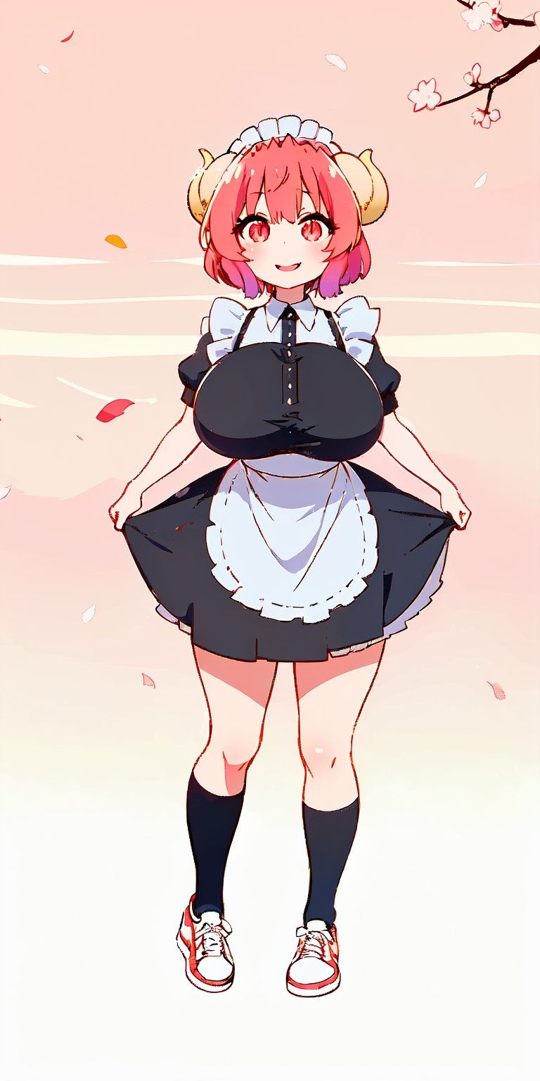 1girl, maid, maid headdress, maid apron, cherry blossoms, sunbeam,neckline,wallpaper,massive breast,big thighs,sparkling eyes,short maid dress,serving coffee,ilulu,dragon horns,showing off thighs,make up,red painted lips,maid socks,sneakers,cute smile,