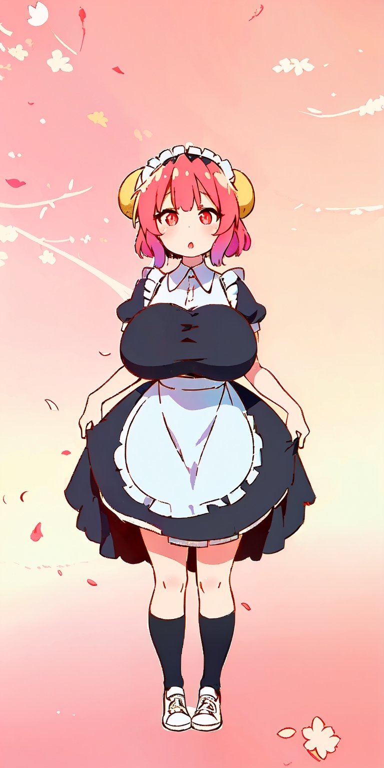 1girl, maid, maid headdress, maid apron, cherry blossoms, sunbeam,neckline,wallpaper,massive breast,massive thighs,sparkling eyes,short maid dress,ilulu,dragon horns,showing off dress,tight breast,make up,red painted lips,maid socks,sneakers,shy,