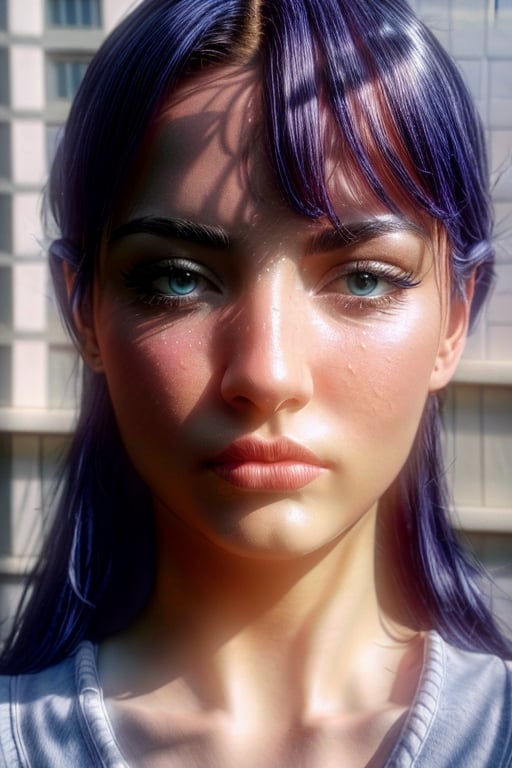 (((hyper realistic face)))(((extreme realistic skin detail))) (face with detailed shadows) (masterpiece, highest quality), (realistic, photo_realistic:1.9), ((Photoshoot)) A photograph of a woman with blue hair, attractive, beautiful, pale white skin, purple eyes, wearing Japanese sailor clothing. The background shows corporate buildings. The shot is a general shot. A digital single-lens reflex camera (DSLR) is used. Instant film is used. A wide-angle lens is used. The lighting is studio. sharp focus, 8k, UHD, high quality, frowning, intricate detailed, highly detailed, hyper-realistic