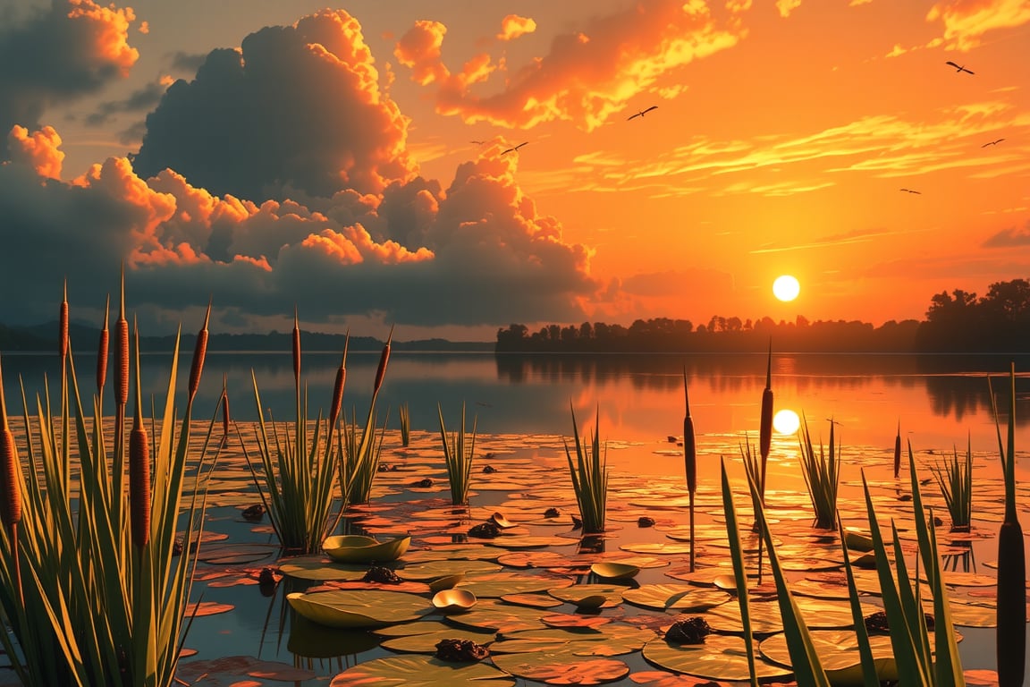 LANDSCAPE, pristine lake with cattails, lily pads, frogs, dragonflies. Sunset with red hues and yellow tone clouds. Reflection of the sky on the water surface. 