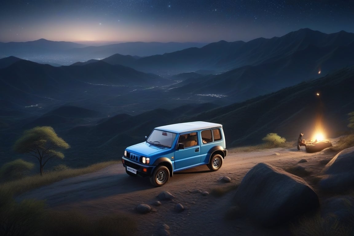 Realistic scenery, a vast mountainous landscape seen from far above, lots of stars, darkness, a blue Jimny Suzuki perched on a mountain ridge, a Jimny that looks like a small dot as part of the whole landscape, a person enjoying a bonfire, small flame bonfire