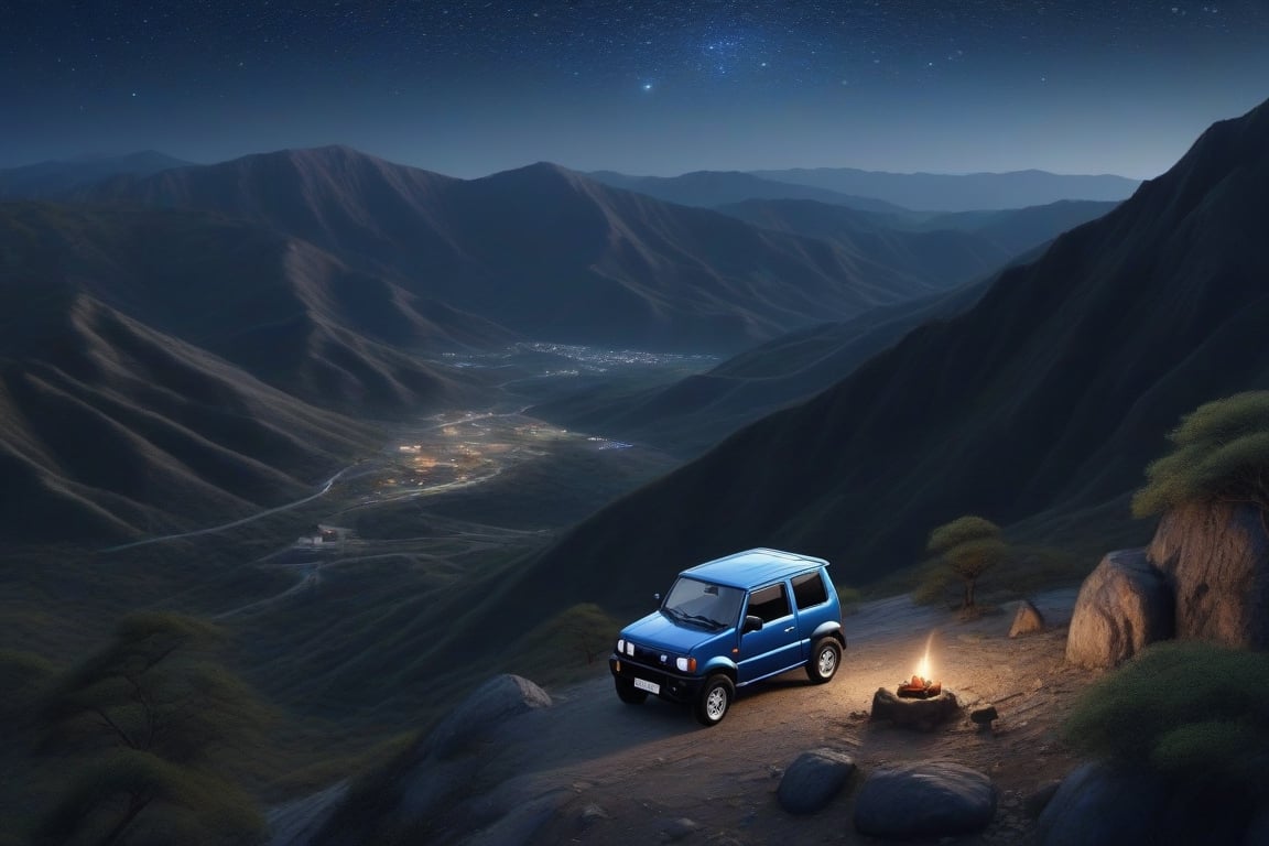 Realistic scenery, a vast mountainous landscape seen from far above, lots of stars, darkness, a blue Jimny Suzuki perched on a mountain ridge, a Jimny that looks like a small dot as part of the whole landscape, a person enjoying a bonfire, small flame bonfire