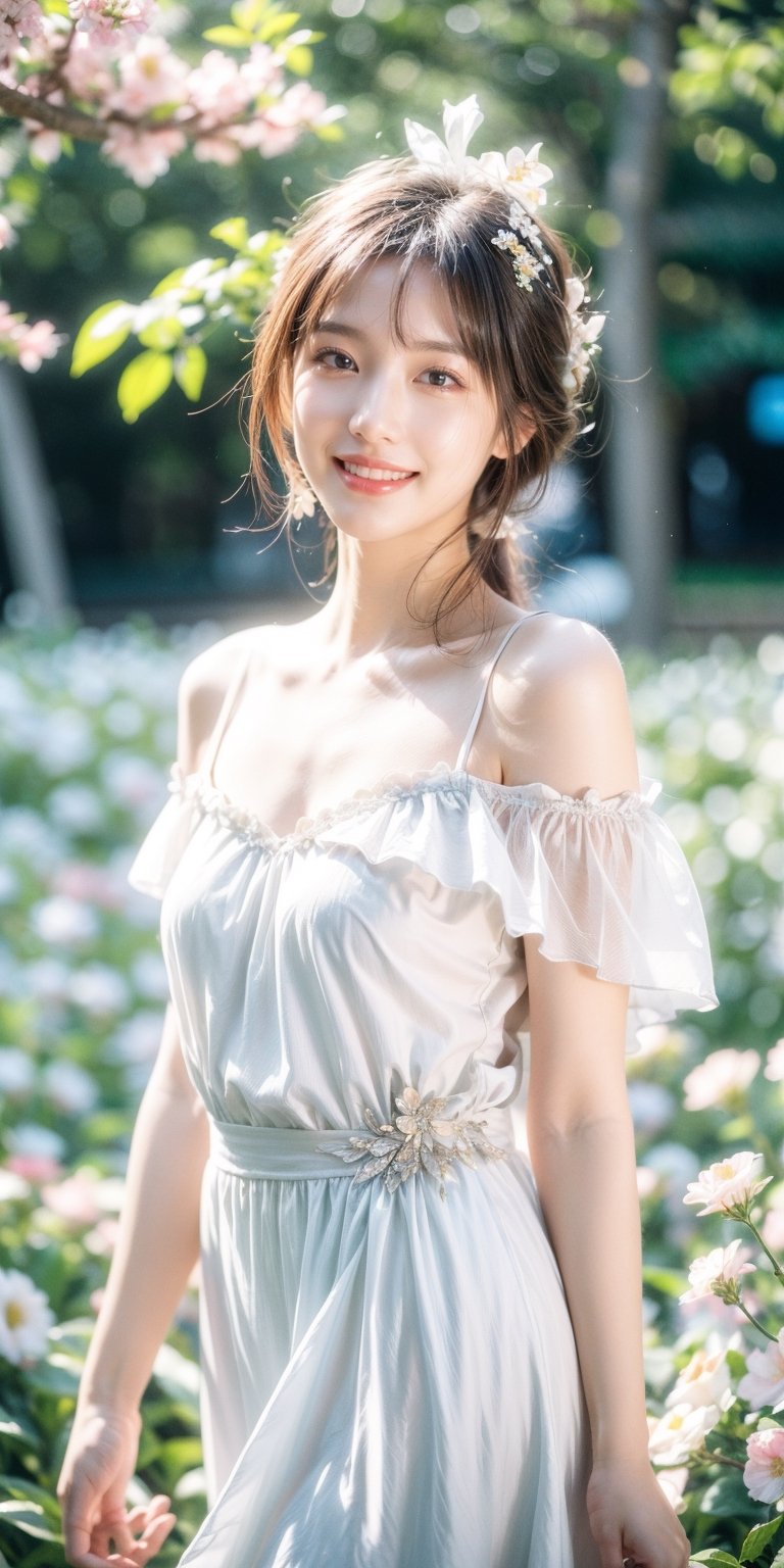 Best quality, masterpiece, ultra high res, (photorealistic:1.4), raw photo, 1girl, white dress, off shoulder, blossom flower field, glowing skin, light smile