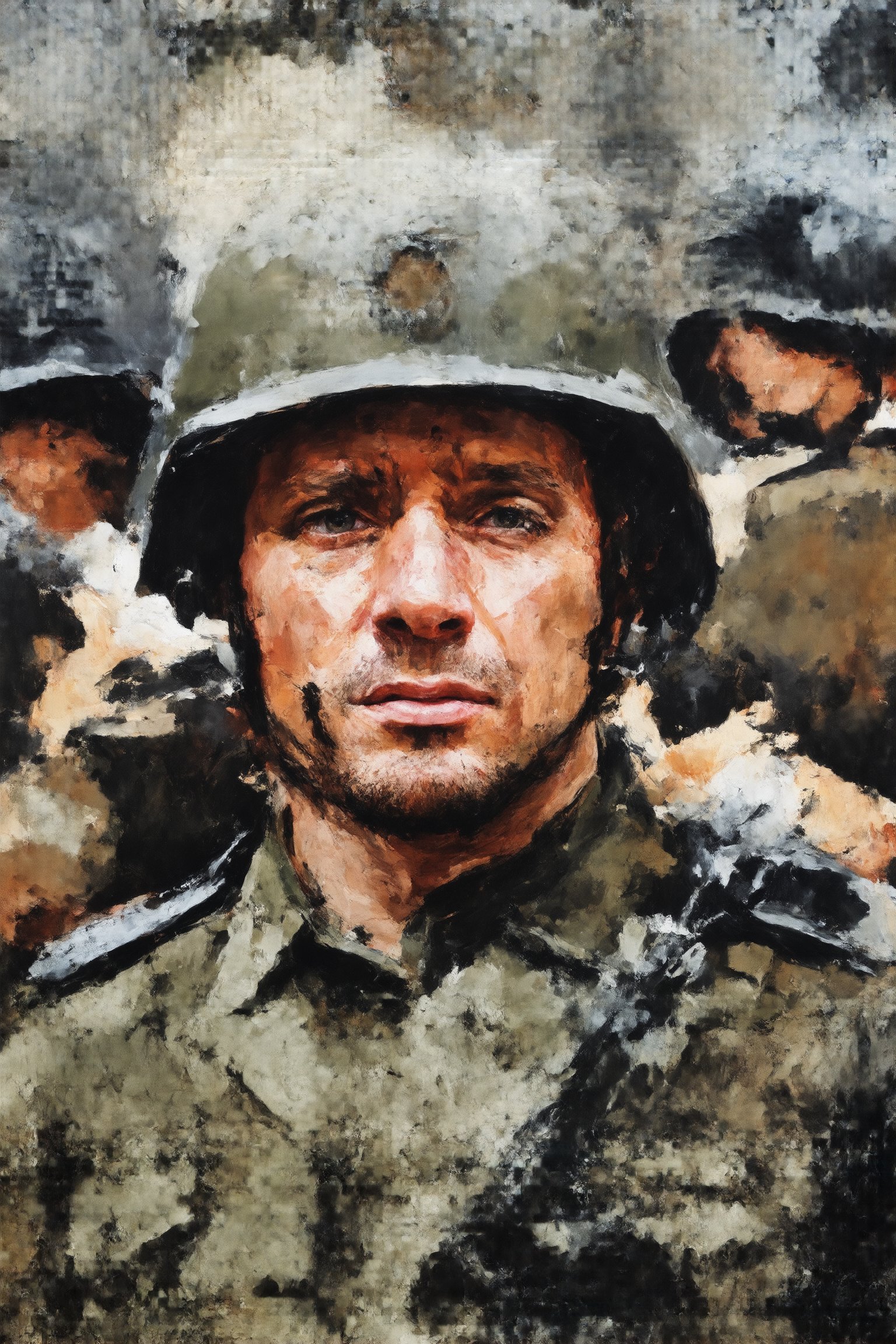 The painting is a silkscreen print on canvas that depicts a scene from a contemporary war. The image is a close-up of a soldier's face, who is in the midst of battle. The soldier's expression is one of pure terror, and his eyes are wide with fear. His face is covered in dirt and blood, and his uniform is torn and ragged. In the background, there is a blur of activity, as other soldiers fight and die. The overall impression of the painting is one of chaos and violence.

Additional Details

The soldier's face is the only recognizable object in the painting. The rest of the image is a blur of colors and shapes.
The colors in the painting are bright and garish, which adds to the sense of chaos and violence.
The painting is made up of many small dots of color, which is a characteristic of Warhol's silkscreen printing technique.
Interpretation

The painting can be interpreted in a number of ways. On one level, it can be seen as a commentary on the horrors of war. The soldier's terrified expression and the chaotic scene around him convey the brutality and senselessness of war.

On another level, the painting can be seen as a critique of the way that war is often portrayed in the media. The use of bright, garish colors and the blurring of the background figures make the scene seem unreal and dreamlike. This suggests that war is often sanitized and romanticized in the media, which can make it easier for people to accept and even glorify it.

Overall, the painting is a powerful and disturbing work of art that forces the viewer to confront the realities of war. It is a reminder of the human cost of conflict, and it challenges us to think critically about the way that war is represented in our society.

Additional Information

The painting is titled "War" and it was created by Andy Warhol in 1968. It is part of his series of silkscreen prints that depict scenes of violence and tragedy. The painting is now in the collection of the Museum of Modern Art in New York City.