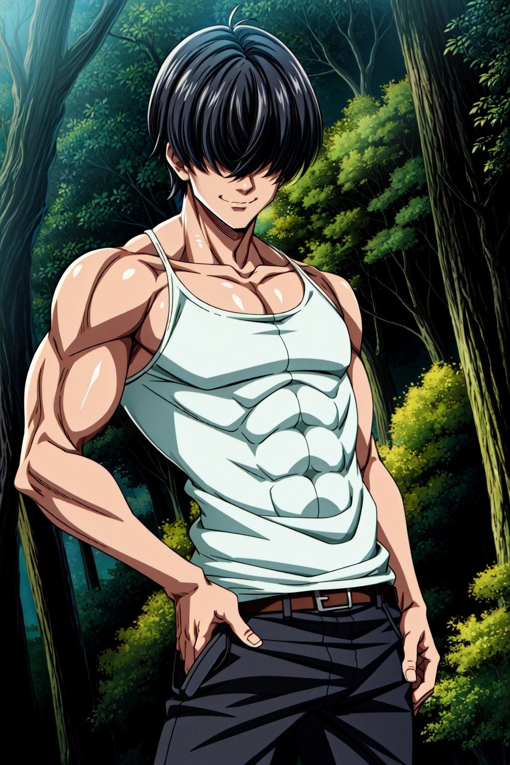 solo, looking _at_viewer, short hair, bangs, shirt, black hair, 1boy, detalied_background, short sleeves, male focus, Solo, looking at viewer, smile, short hair, bangs, shirt, black hair, 1boy, short sleeves, male focus, pants, black shirt, muscular, scar, abs, pectorals, muscular male, scar on face, hands in pockets, tight, covered abs, tight shirt, fushiguro toji, muscular male, black shirt, hands_in_pockets, Hair over eyes , nanatsu_no_taizai_style, hair over eyes, Hair over eyes, no_eyes, forest, tank_top, :)