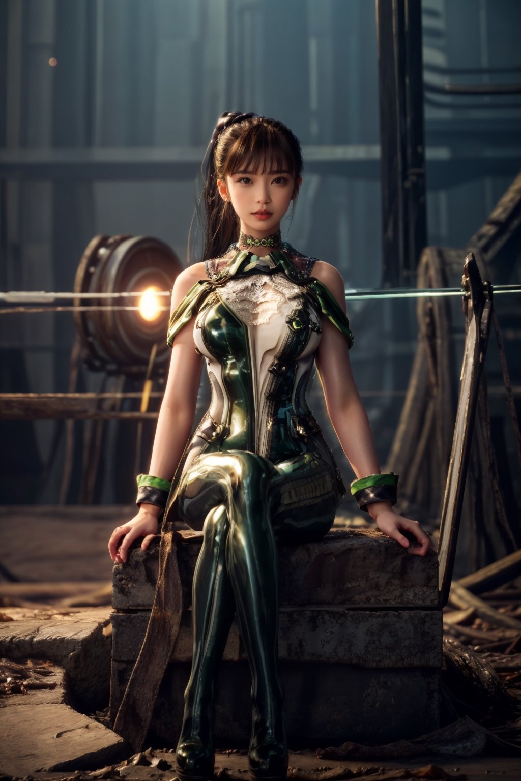 a beautiful and cute eve from stellar blade, green suit,big breast, holding sword, disfigured forms, came down while random sitting pose at abandoned old factory and she husband took a photo
.
abandoned old factory masterpiece, with ambience light, photorealistic, best quality, skin details, 8k intri, HDR, half body, cinematic lighting, sharp focus, eyeliner, lips, earrings, hmmikasa,eve2,ponytail,bodysuit