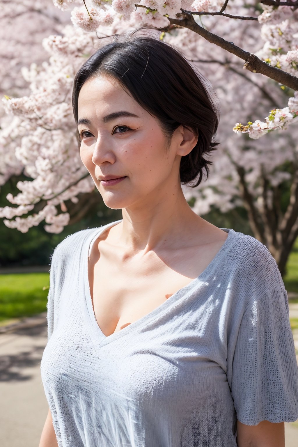 ( top-quality, masterpiece,photo realistic,ultra-detailed,uhd,detailed eyes:1.2),(no makeup),((Textured skin)),(beautiful skin),((50 years old)),(japanese mature woman),(v-neck t-shirts),natural hair style,flat lighting,(row of cherry trees),walking