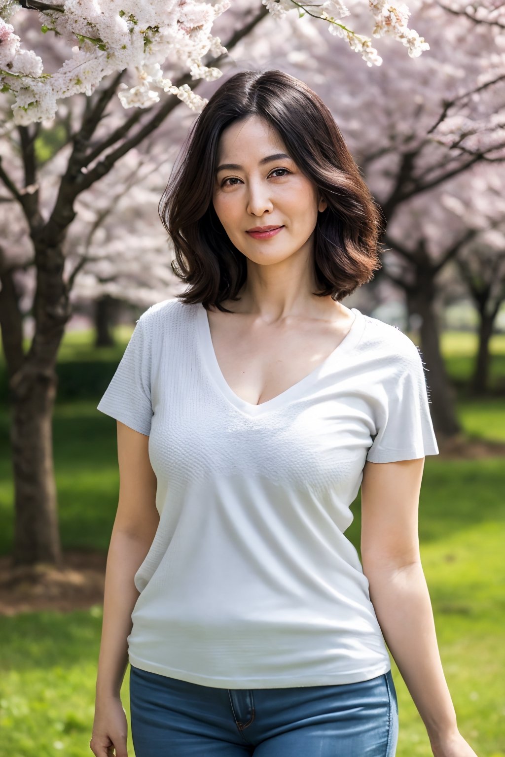 ( top-quality, masterpiece,photo realistic,ultra-detailed,uhd,detailed eyes:1.2),((curvy body)),(no makeup),((Textured skin)),(beautiful skin),((50 years old)),(japanese mature woman),(v-neck t-shirts),natural hair style,flat lighting,(row of cherry trees),walking