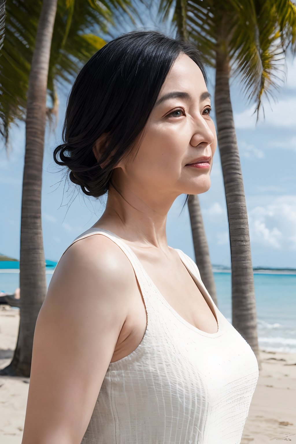 ( top-quality, masterpiece,photo realistic,ultra-detailed,uhd,Textured skin:1.2),from side,(detailed eyes),natural hair style,(no makeup),((45 years old)),(japanese mature woman),(white-tanktop),flat lighting,(tropical beach),