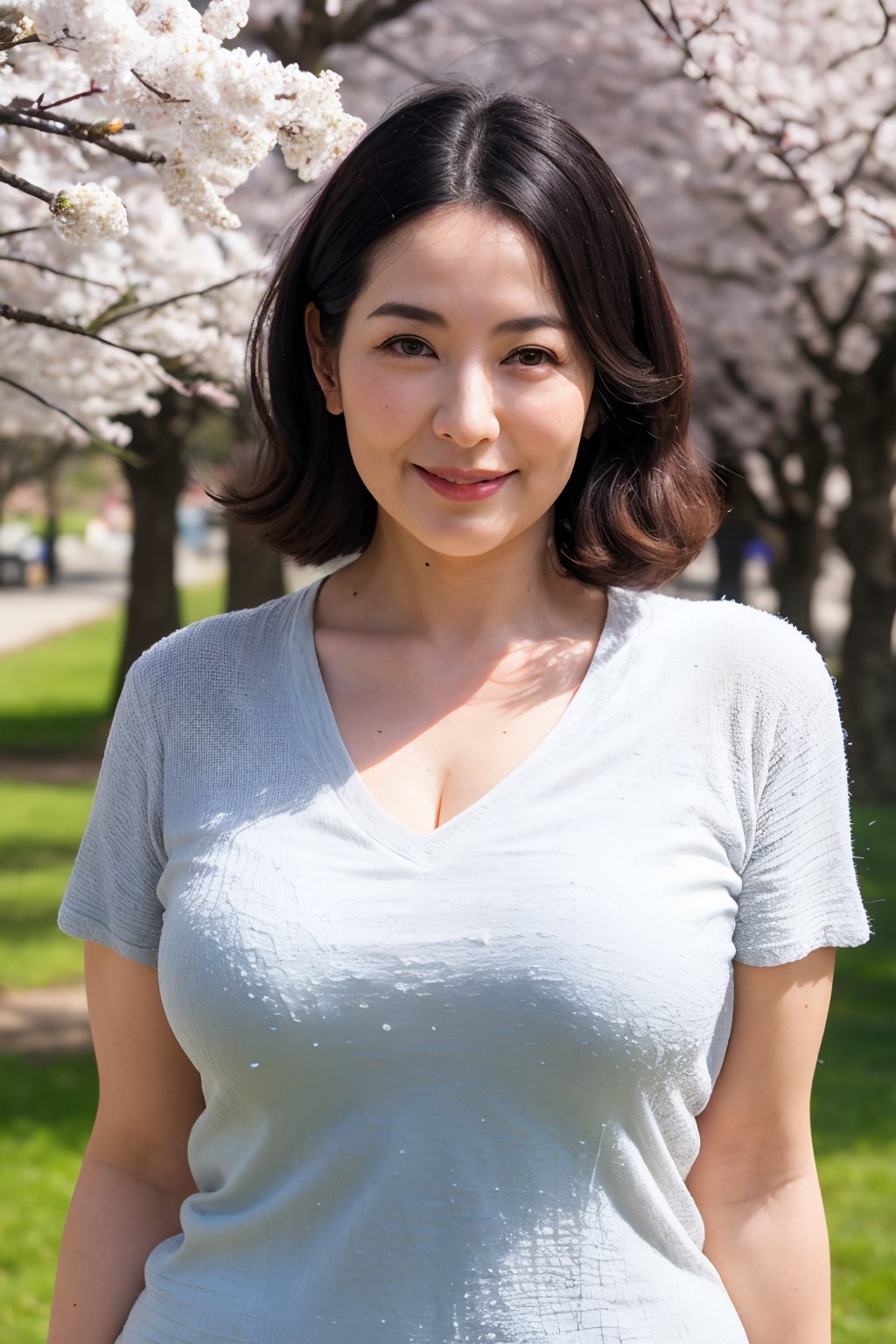 ( top-quality, masterpiece,photo realistic,ultra-detailed,uhd,detailed eyes:1.2),((curvy body)),(no makeup),((Textured skin)),(beautiful skin),((50 years old)),(japanese mature woman),(v-neck t-shirts),natural hair style,flat lighting,(row of cherry trees),walking