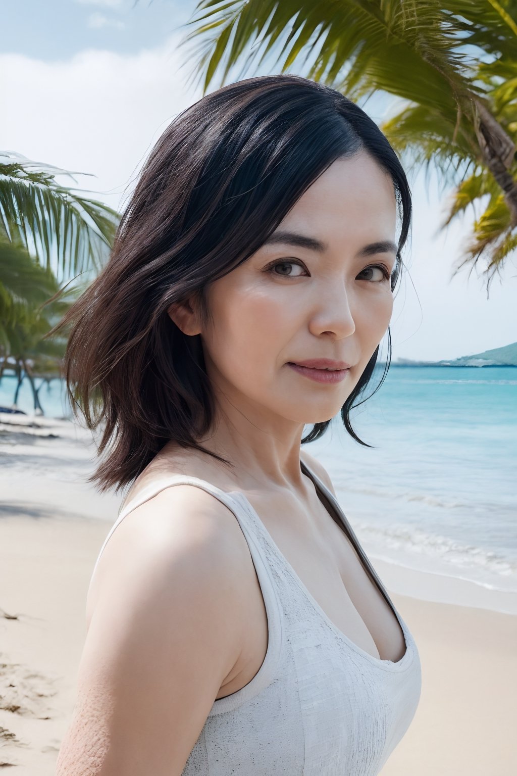 ( top-quality, masterpiece,photo realistic,ultra-detailed,uhd,Textured skin:1.2),from side,((detailed eyes)),beautiful skin,(no makeup),((45 years old)),(japanese mature woman),(white-tanktop),flat lighting,(tropical beach),