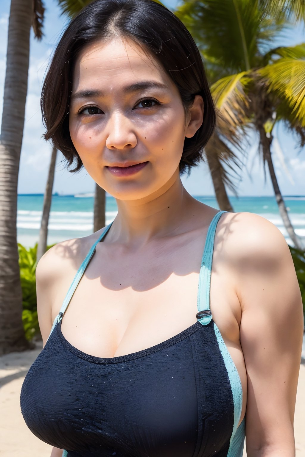 (upper body:1.3),( top-quality, masterpiece,photo realistic,ultra-detailed,uhd,detailed eyes:1.3),(no makeup),((Textured skin)),(beautiful skin),((47 years old)),(japanese mature woman),(swimsuits),natural hair style,flat lighting,(tropical beach),