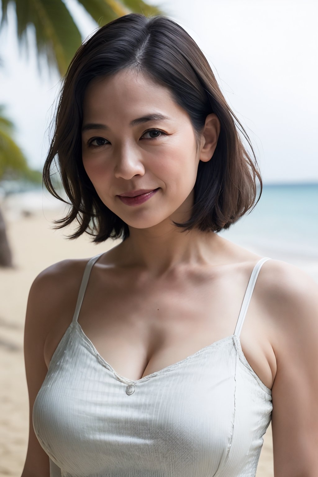 ( top-quality, masterpiece,photo realistic,ultra-detailed,uhd,Textured skin:1.2),(upper body:1.2),(japanese mature woman),no makeup,(45 years old),beautiful skin,natural eyeblow,natural hair style,detailed eyes,(white silk camisole),flat lighting,(tropical beach),smile,