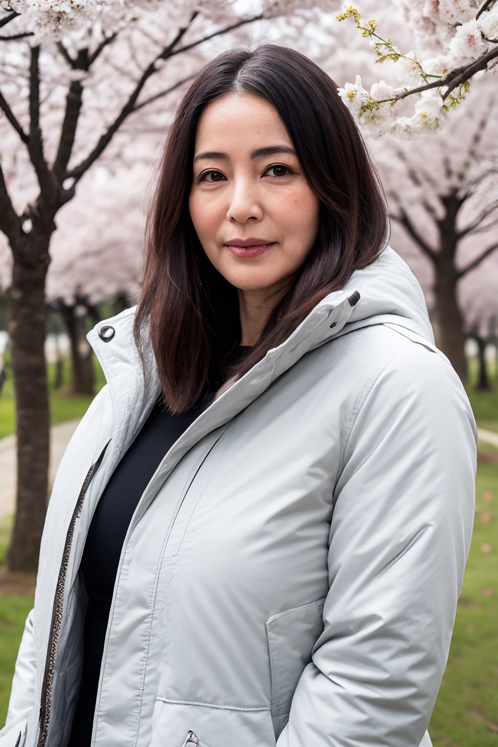 ( top-quality, masterpiece,photo realistic,ultra-detailed,uhd,detailed eyes:1.2),(no makeup),((Textured skin)),(beautiful skin),((50 years old)),(japanese mature woman),(sweat parka),natural hair style,flat lighting,(row of cherry trees),walking