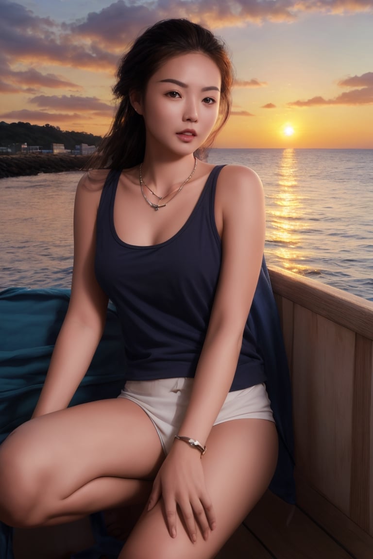 necklace, (((Masterpiece))) , 
,MagenFace, sunset, by the sea, ship, tank_top, portrait,photorealistic