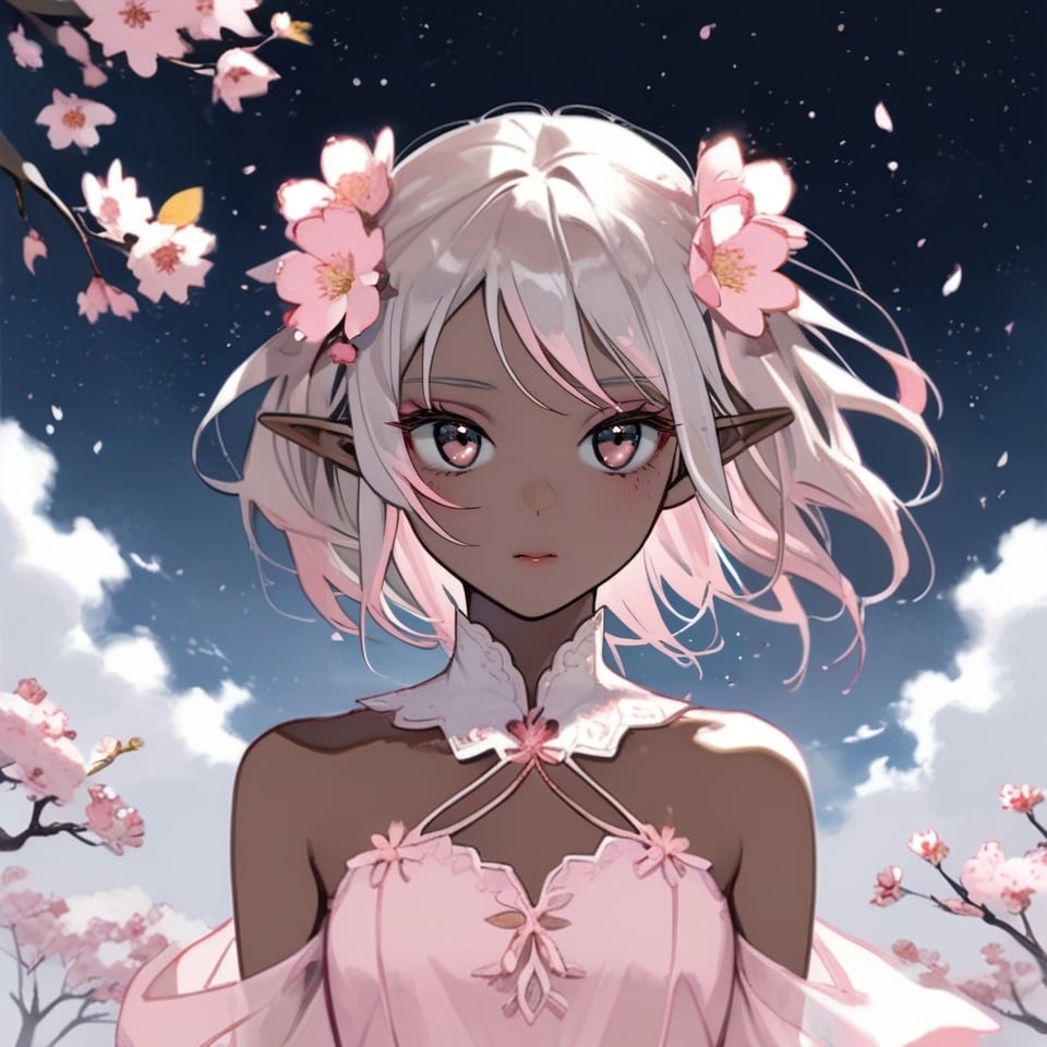 pink elf girl, delicate, very dark skin, sakura, sky background