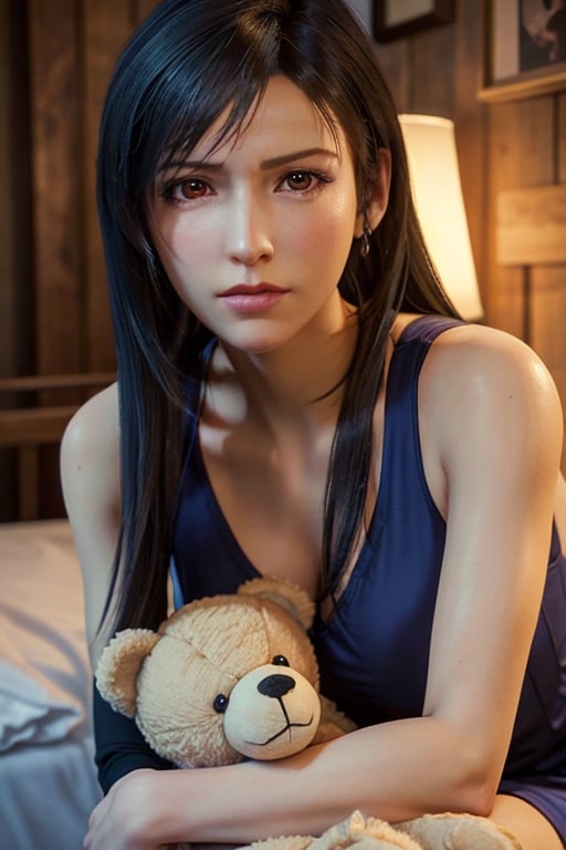 Exact Tifa Lockhart face, Realistic face of Tifa Lockhart, sitting in bed with teddy bear in her arms, in blue nightgown, sad face, sad look, ((masterpiece)), 1girl, solo, detailed face, detailed hair, detailed eyes, striking contrast of colors, bare shoulders, naked shoulders, Canon EOS 5D, ultra HD,
