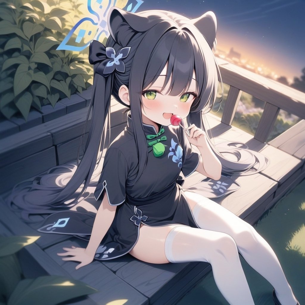 Masterpiece, (shun \(blue archive\) : 1.2),(1 loli), solo, twintails, looking_at_viewer,
half-closed eyes,, smile, opened mouth, (from above: 0.7)
tiger_girl, animal_ear_fluff, small_breasts, halo, ribbon,  gorgeous, professional, highly detailed, short sleeves, 
sky background, garden, night,
 white thighhighs, shoes, SITTING ON wall, black dress, china_dress, (legs Together),
HOLDING Lollipop, eating Lollipop